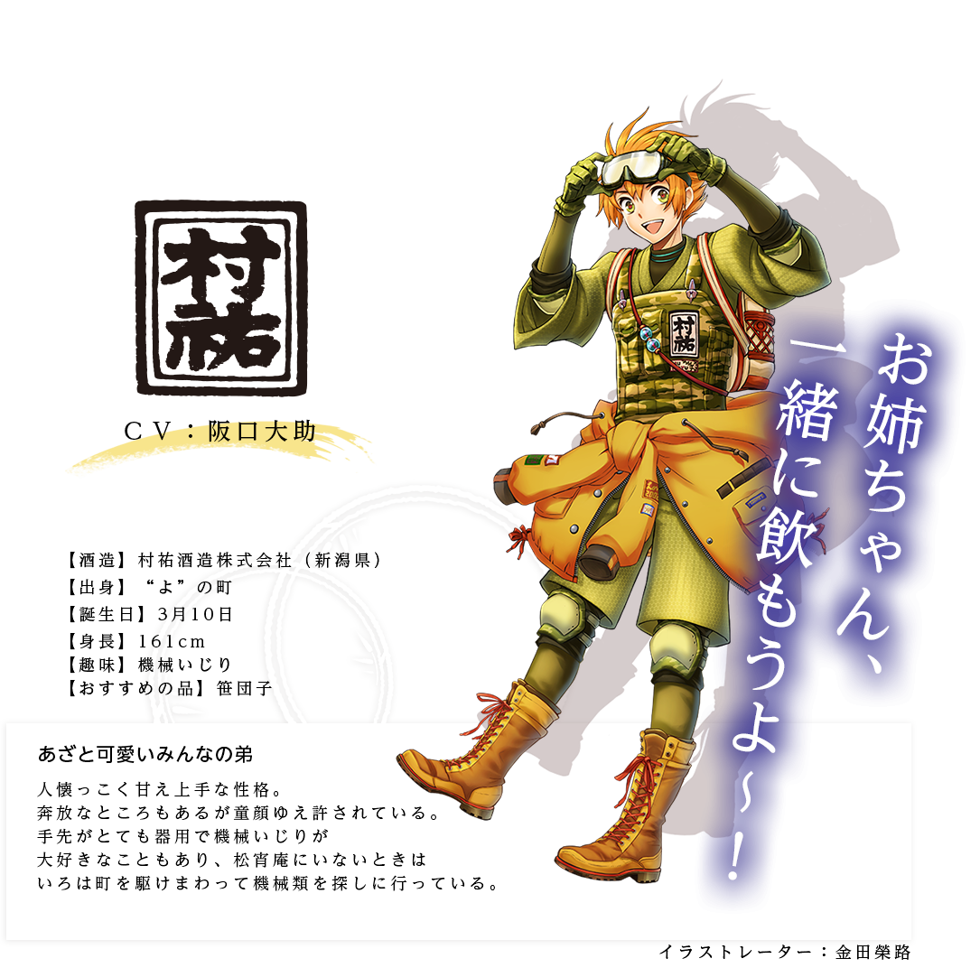 村祐皇子（むらゆうのみこ）村祐酒造(株) イラストレーター：金田榮路 出身：新潟県 ＣＶ：阪口大助 身長：161cm 趣味：機械いじり おすすめの品：笹団子 人懐っこく甘え上手な性格。奔放なところもあるが童顔ゆえ許されている。手先がとても器用で機械いじりが大好きなこともあり、松宵庵にいないときはいろは町を駆けまわって機械類を探しに行っている。「お姉ちゃん、一緒に飲もうよ～！」